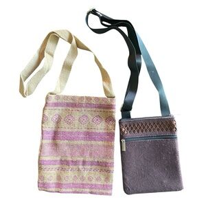 Bohemian Hippie Festival Brown Patterned Crossbody Set of 2 Bags with Pockets
